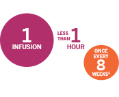 1 infusion, less than 1 hour, once every 8 weeks